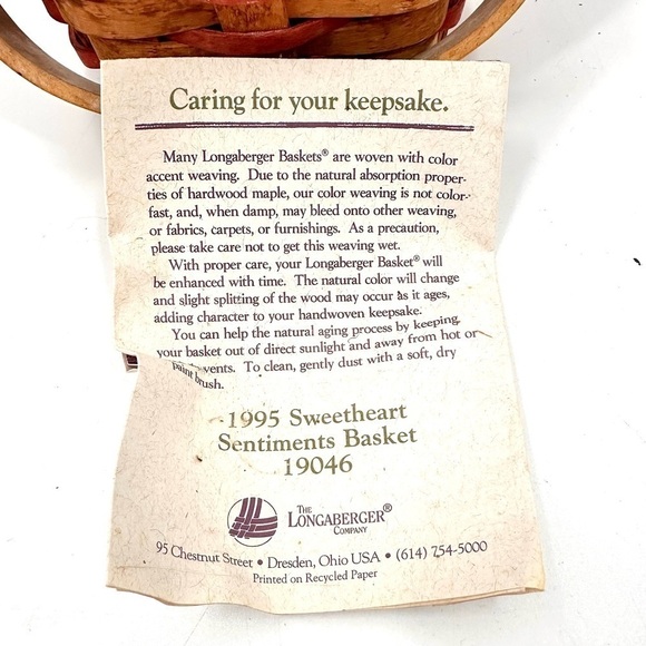 Vtg Longaberger Sweetheart Sentiments Basket 1995 Red Ticking Stripe Liner - Picture 3 of 14